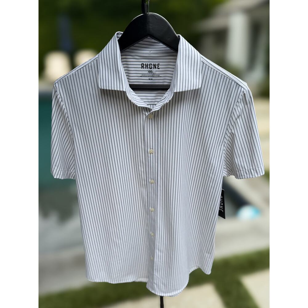 Rhone State of Mind Shirt Mens M White Navy Stripe Stretch Button Front NWT